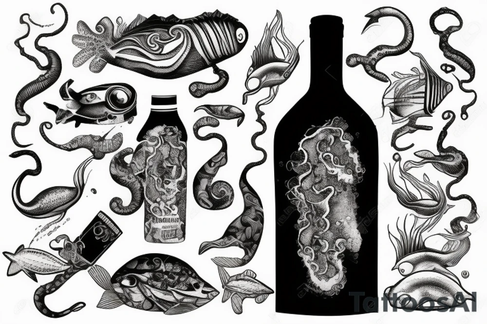 Wine bottle with ocean, sea animal tattoo idea