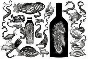 Wine bottle with ocean, sea animal tattoo idea