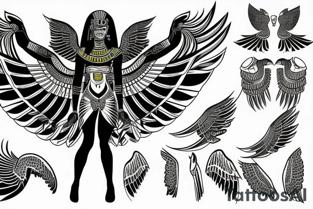 Egyptian black goddess Maat kneeling position wings spread tattoo idea