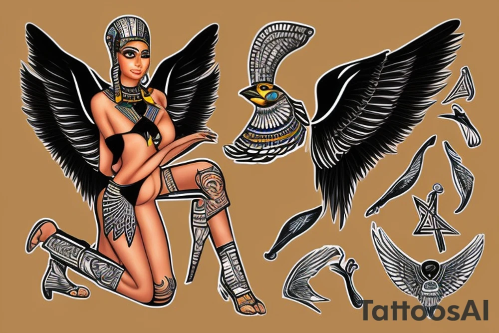 Egyptian black goddess Maat kneeling position wings spread tattoo idea