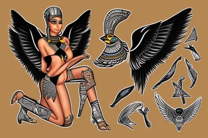 Egyptian black goddess Maat kneeling position wings spread tattoo idea