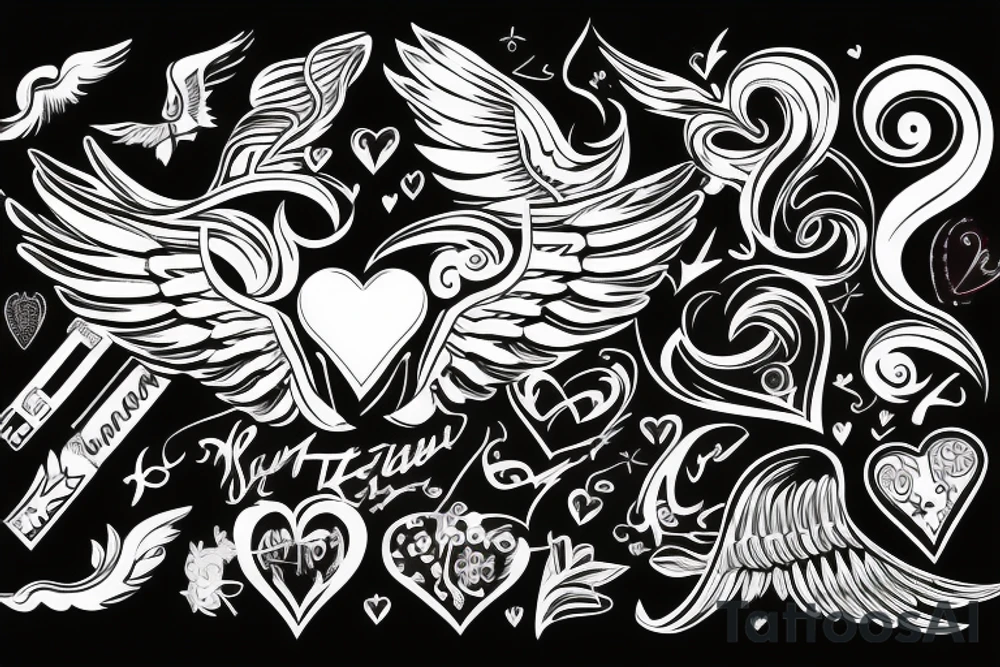 Winged heart with lettering in middle horizontal tattoo idea