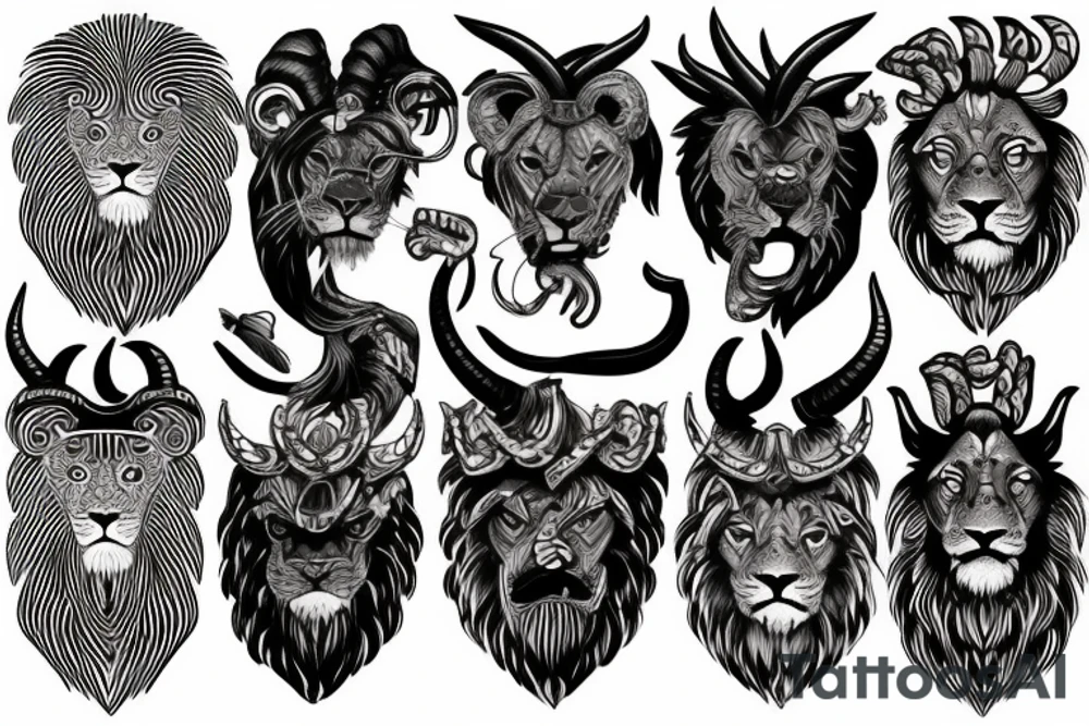Lion and bull and ram heads tattoo idea