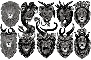 Lion and bull and ram heads tattoo idea