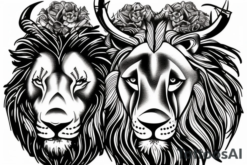 Lion and bull and ram heads tattoo idea