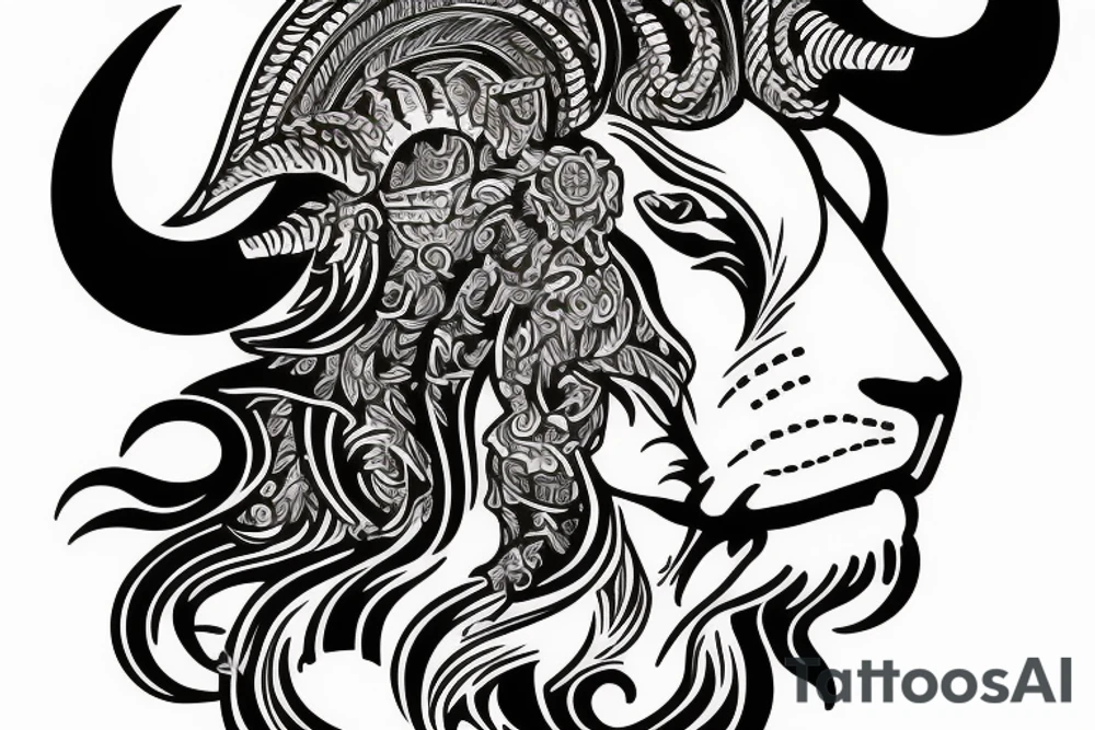 Lion head with a Ram and a Bull tattoo idea