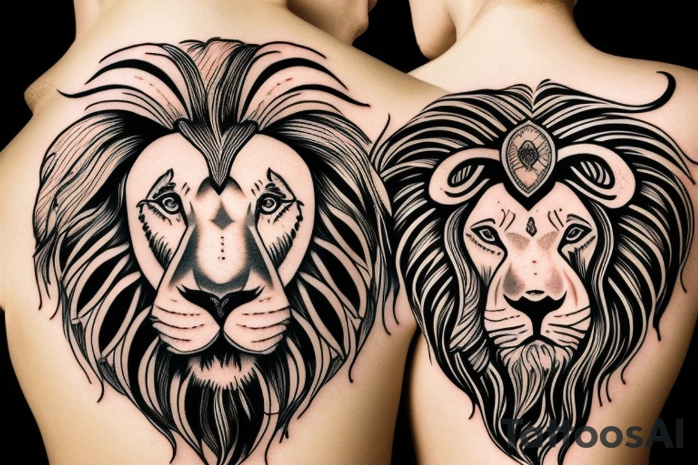 Lion head with a Ram and a Bull tattoo idea