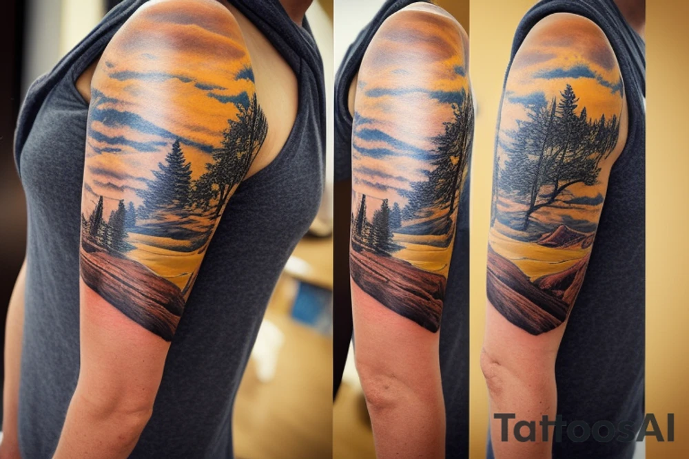 Design a half sleeve tattoo that combines the majestic landscapes of the Grand Teton's and the Grand Canyon, while incorporating the theme of time. I envision a seamless integration of these natural wonders, capturing their beauty and awe. Please include elements that symbolize the passage of time, such as a clock, hourglass, or other time-related imagery. Feel free to explore creative ways to unite these elements into a cohesive and visually stunning design. tattoo idea