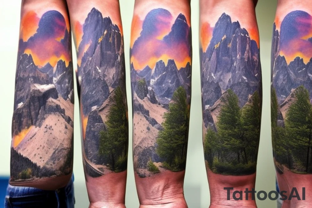 Design a half sleeve tattoo that combines the majestic landscapes of the Grand Teton's and the Grand Canyon, while incorporating the theme of time. I envision a seamless integration of these natural wonders, capturing their beauty and awe. Please include elements that symbolize the passage of time, such as a clock, hourglass, or other time-related imagery. Feel free to explore creative ways to unite these elements into a cohesive and visually stunning design. tattoo idea
