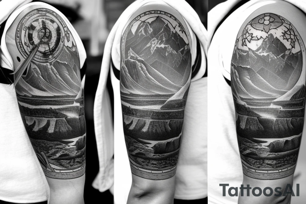 Half sleeve from the shoulder down with Grand Teton Mountains, elements of the Grand Canyon, a pocket watch, and a waterfall. tattoo idea