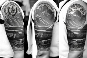 Half sleeve from the shoulder down with Grand Teton Mountains, elements of the Grand Canyon, a pocket watch, and a waterfall. tattoo idea