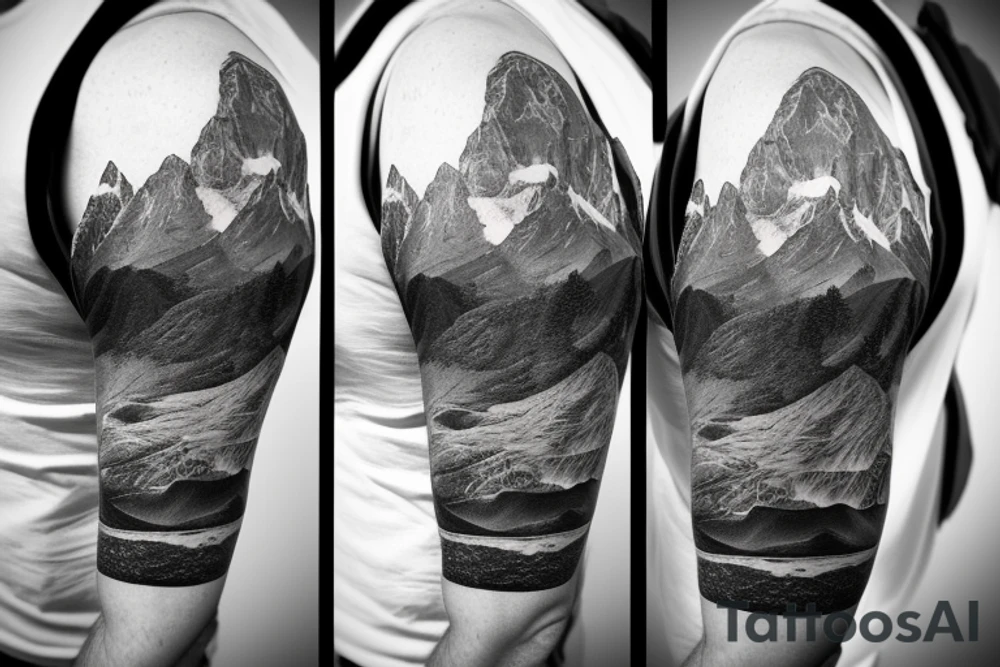 Half sleeve from the shoulder down with Grand Teton Mountains, elements of the Grand Canyon, a pocket watch, and a waterfall. tattoo idea