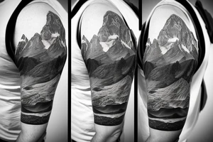 Half sleeve from the shoulder down with Grand Teton Mountains, elements of the Grand Canyon, a pocket watch, and a waterfall. tattoo idea