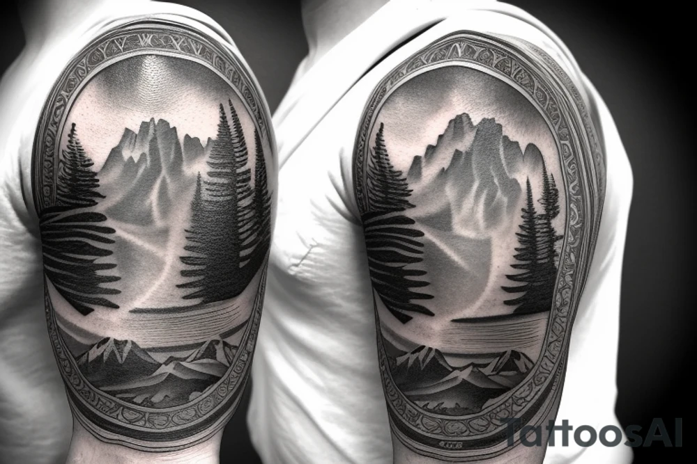 Half sleeve from the shoulder down with exact outline of Grand Teton mountain’s, a pocket watch, and a waterfall. tattoo idea