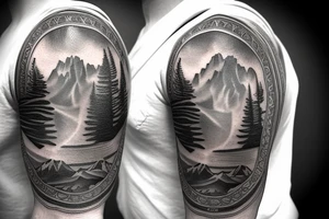 Half sleeve from the shoulder down with exact outline of Grand Teton mountain’s, a pocket watch, and a waterfall. tattoo idea