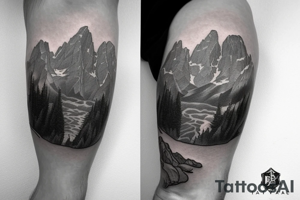 Half sleeve from the shoulder down with exact outline of Grand Teton mountain’s, a pocket watch, and a waterfall. tattoo idea
