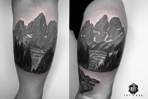 Half sleeve from the shoulder down with exact outline of Grand Teton mountain’s, a pocket watch, and a waterfall. tattoo idea