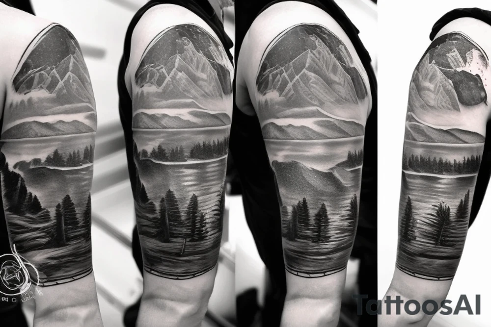 Half sleeve from the shoulder down with exact outline of Grand Teton mountain’s, a pocket watch, and a waterfall. tattoo idea