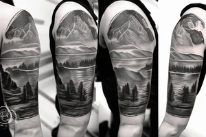 Half sleeve from the shoulder down with exact outline of Grand Teton mountain’s, a pocket watch, and a waterfall. tattoo idea