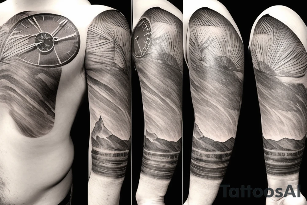 Half sleeve from the shoulder down with exact outline of Grand Teton mountain’s, a pocket watch, and a waterfall. tattoo idea