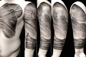 Half sleeve from the shoulder down with exact outline of Grand Teton mountain’s, a pocket watch, and a waterfall. tattoo idea