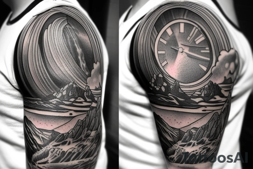 Half sleeve from shoulder down. Use outline of Grand Teton’s at the top of the shoulder, a waterfall going down the arm, and a pocket watch wherever it fits best. tattoo idea
