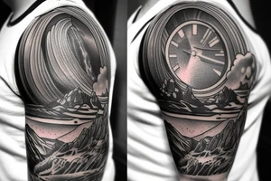 Half sleeve from shoulder down. Use outline of Grand Teton’s at the top of the shoulder, a waterfall going down the arm, and a pocket watch wherever it fits best. tattoo idea