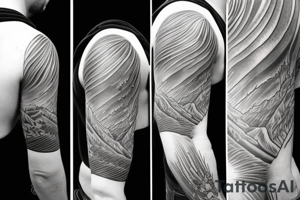 Half sleeve from shoulder down. Use outline of Grand Teton’s at the top of the shoulder, a waterfall going down the arm, and a pocket watch wherever it fits best. tattoo idea