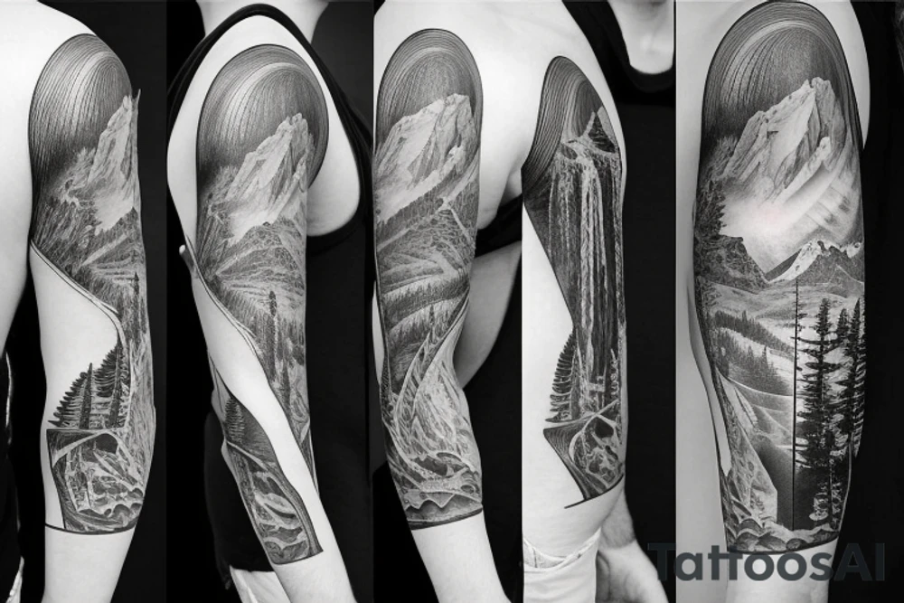 Half sleeve from shoulder down. Use outline of Grand Teton’s at the top of the shoulder, a waterfall going down the arm, and a pocket watch wherever it fits best. tattoo idea
