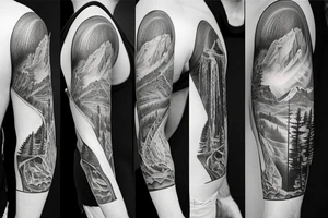 Half sleeve from shoulder down. Use outline of Grand Teton’s at the top of the shoulder, a waterfall going down the arm, and a pocket watch wherever it fits best. tattoo idea