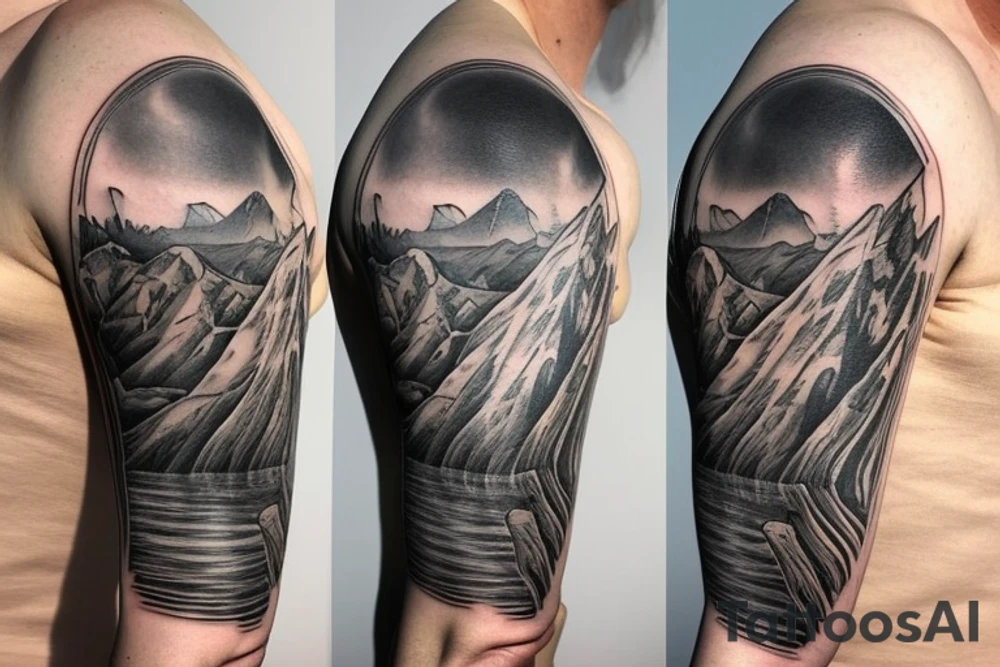 Half sleeve from shoulder down. Use outline of Grand Teton’s at the top of the shoulder, a waterfall going down the arm, and a pocket watch wherever it fits best. tattoo idea