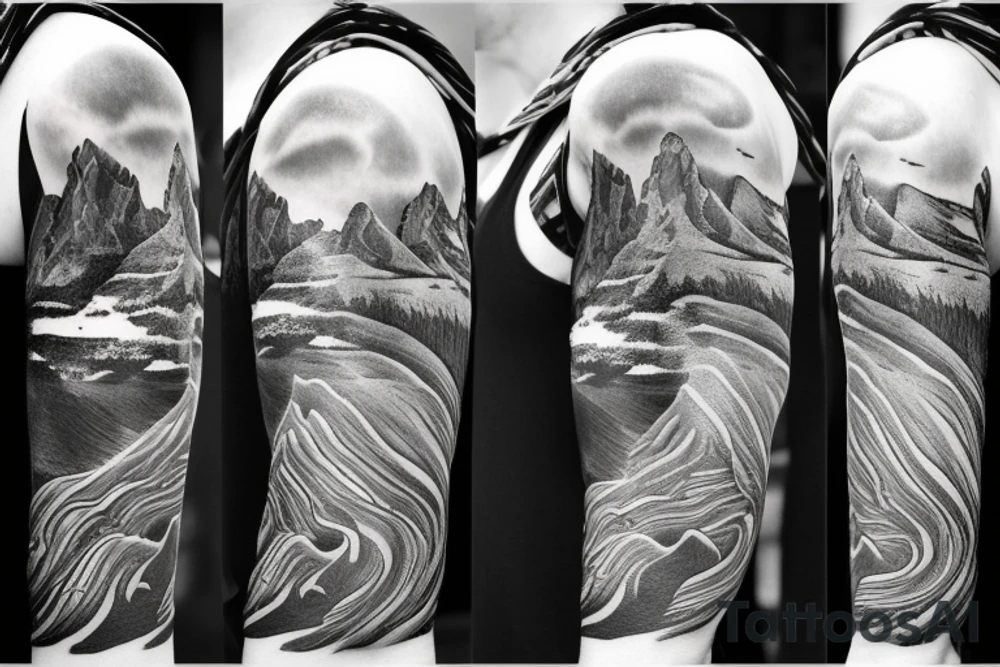 Half sleeve from shoulder down. Use outline of Grand Teton’s at the top of the shoulder, a waterfall going down the arm, and a pocket watch wherever it fits best. tattoo idea Half sleeve from shoulder down. Use outline of Grand Teton’s at the top of the shoulder, a waterfall going down the arm, and a pocket watch wherever it fits best. tattoo idea