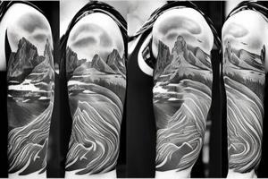 Half sleeve from shoulder down. Use outline of Grand Teton’s at the top of the shoulder, a waterfall going down the arm, and a pocket watch wherever it fits best. tattoo idea