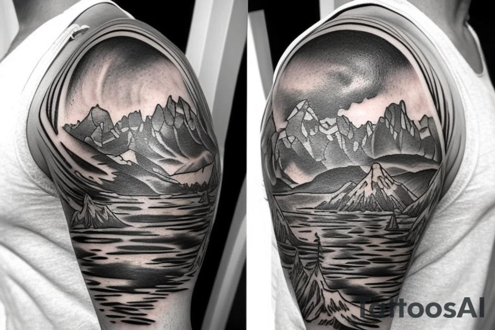 Half sleeve from shoulder down. Use outline of Grand Teton’s at the top of the shoulder, a waterfall going down the arm, and a pocket watch wherever it fits best. tattoo idea
