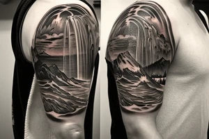 Half sleeve from shoulder down. Use outline of Grand Teton’s at the top of the shoulder, a waterfall going down the arm, and a pocket watch wherever it fits best. tattoo idea