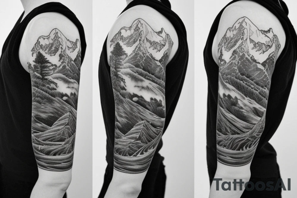 Half sleeve from shoulder down. Use outline of Grand Teton’s at the top of the shoulder, a waterfall going down the arm, and a pocket watch wherever it fits best. tattoo idea