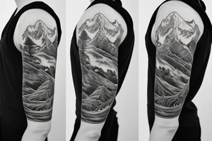 Half sleeve from shoulder down. Use outline of Grand Teton’s at the top of the shoulder, a waterfall going down the arm, and a pocket watch wherever it fits best. tattoo idea