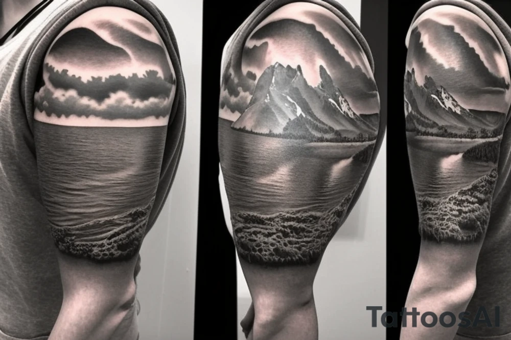 Half sleeve from shoulder down. Use outline of Grand Teton’s at the top of the shoulder, a waterfall going down the arm, and a pocket watch wherever it fits best. tattoo idea