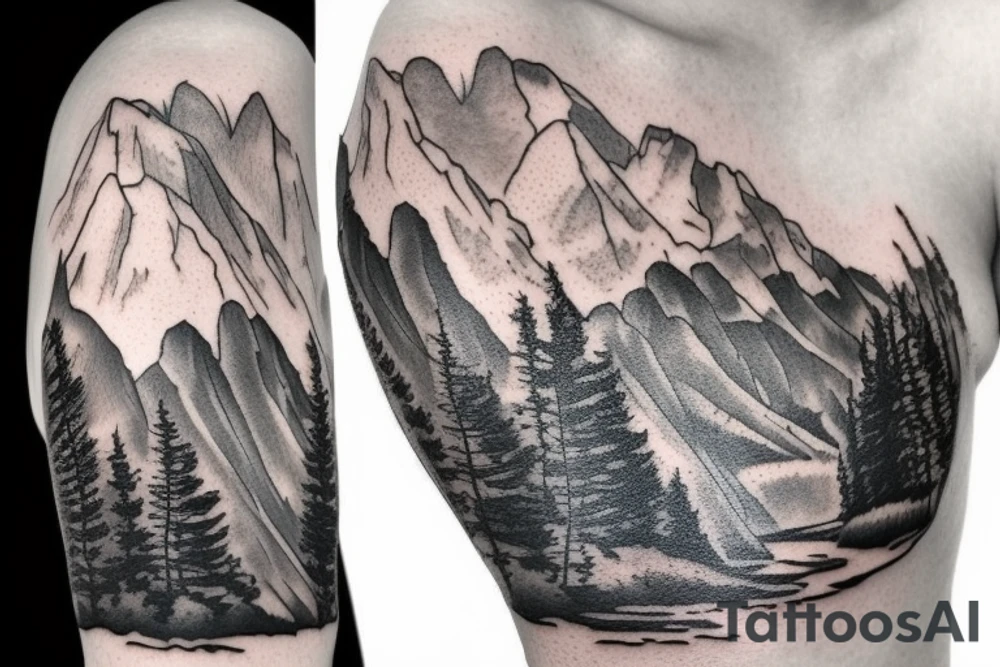 Half sleeve from shoulder down. Use outline of Grand Teton’s at the top of the shoulder, a waterfall going down the arm, and a pocket watch wherever it fits best. tattoo idea