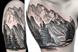 Half sleeve from shoulder down. Use outline of Grand Teton’s at the top of the shoulder, a waterfall going down the arm, and a pocket watch wherever it fits best. tattoo idea