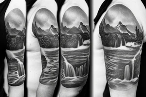 Half sleeve from shoulder down. Use outline of Grand Teton’s at the top of the shoulder, a waterfall going down the arm, and a pocket watch wherever it fits best. tattoo idea