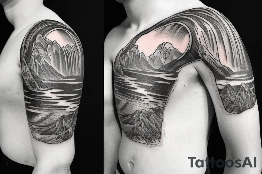 Half sleeve from shoulder down. Use outline of Grand Teton’s at the top of the shoulder, a waterfall going down the arm, and a pocket watch wherever it fits best. tattoo idea