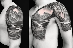 Half sleeve from shoulder down. Use outline of Grand Teton’s at the top of the shoulder, a waterfall going down the arm, and a pocket watch wherever it fits best. tattoo idea