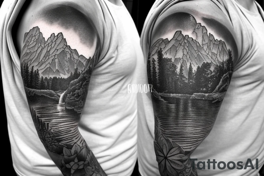 Half sleeve from shoulder down. Use outline of Grand Teton’s at the top of the shoulder, a waterfall going down the arm, and a pocket watch wherever it fits best. tattoo idea