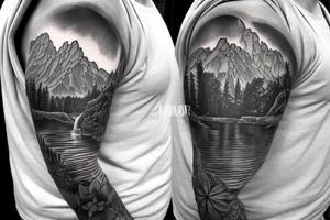 Half sleeve from shoulder down. Use outline of Grand Teton’s at the top of the shoulder, a waterfall going down the arm, and a pocket watch wherever it fits best. tattoo idea