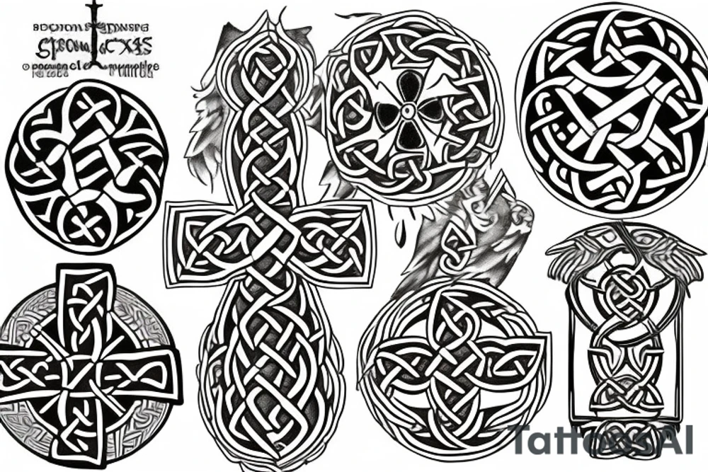 Celtic cross in middle two celtic wolves on either side, one young, one old tattoo idea