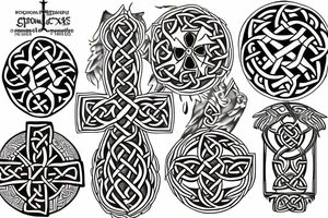 Celtic cross in middle two celtic wolves on either side, one young, one old tattoo idea