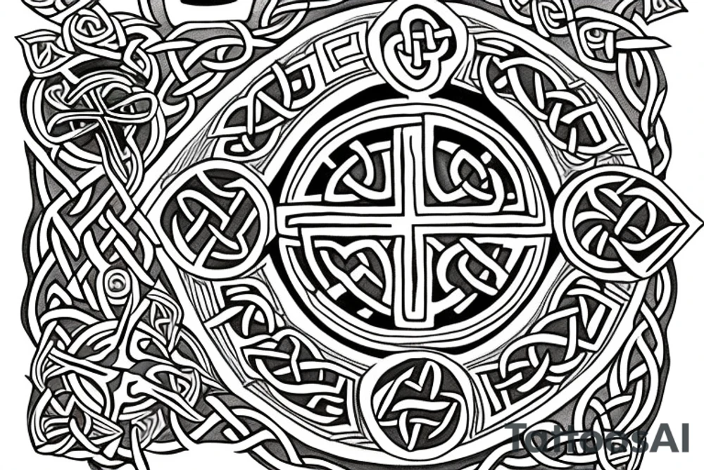 Celtic cross in middle two celtic wolves on either side, one young, one old tattoo idea