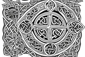 Celtic cross in middle two celtic wolves on either side, one young, one old tattoo idea