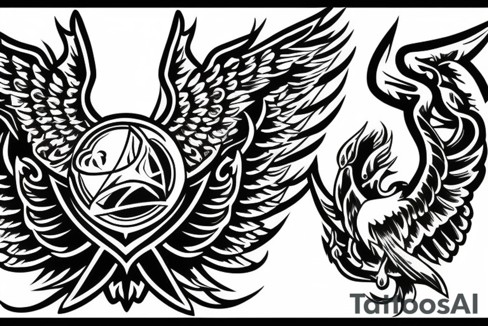 Left Forearm tattoo with wings and a crest that signifies USA, Scotland and Ireland tattoo idea